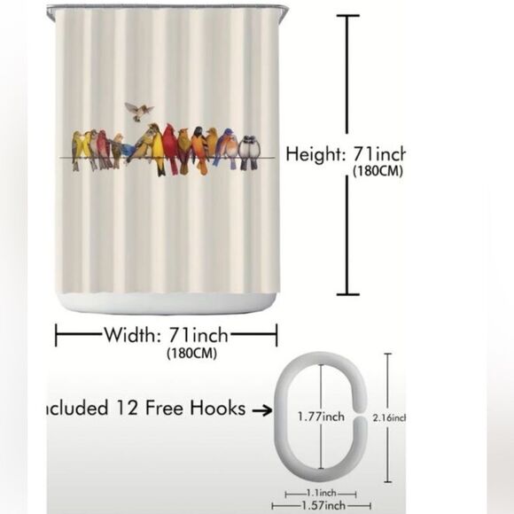"NEW" 1pc  Bird Print Multicolor Shower Curtain W/ Plastic Hooks 71"x71" - Picture 7 of 9